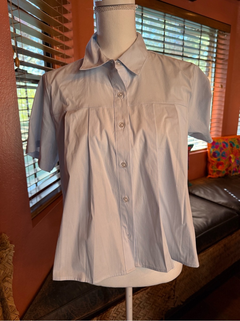 Nine West Light Blue Short-Sleeve Pleated Blouse